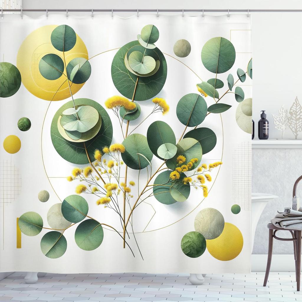 Шторка для душа с листьями эвкалипта, дизайн с листьями в стиле Mid Century Modern Boho, геометрические детали, тканевая ткань, декорация для ванной