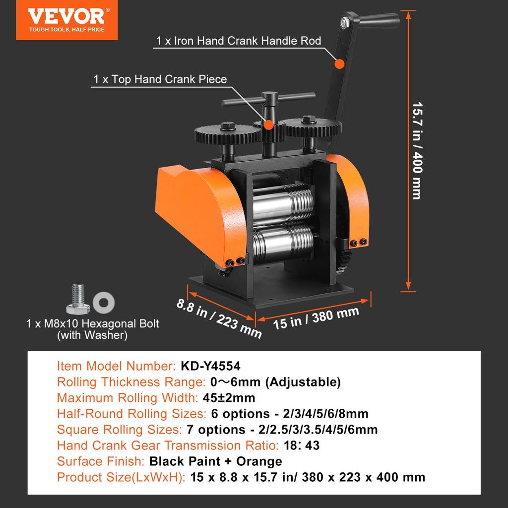 VEVOR Rolling Mill, 1.77"/45 mm Jewelry Rolling Mill Machine, 1: 2.4 Gear Ratio, 3-in-1 Multi-function Rolling Mill