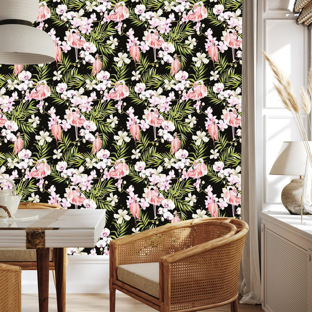 Flamingos flowers leaves and green wallpaper for living room and bedroom 50x1000
