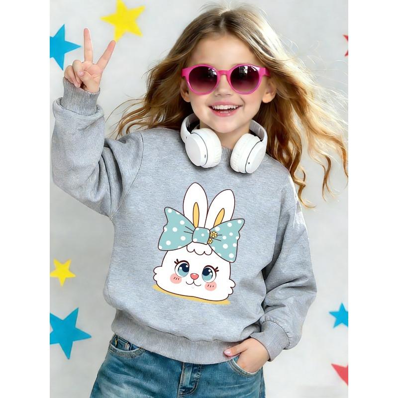 Kids Crewneck Sweatshirt, Cartoon Bunny With Bow Graphic Print