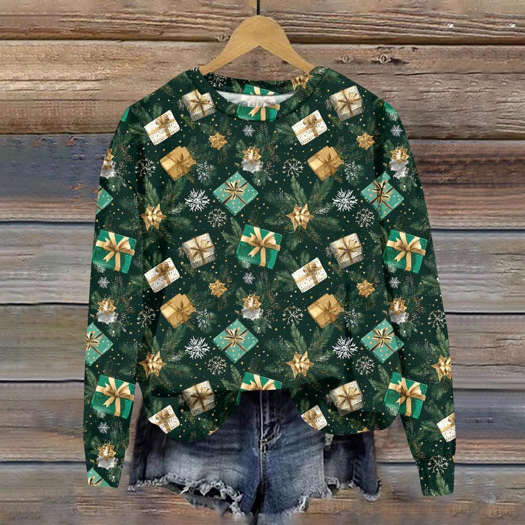 Women's Fashion Christmas Printed Long Sleeve Loose Round Neck Sweatshirt Top