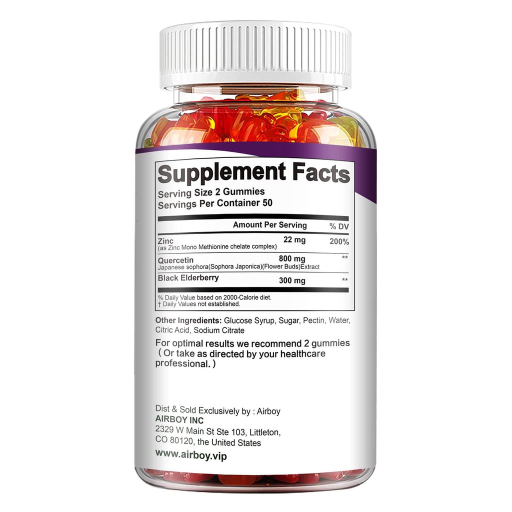 Airboy Zinc Gummies, Quercetin Extract, Immune Support, Nutritional Supplement, Suitable for Men and Women