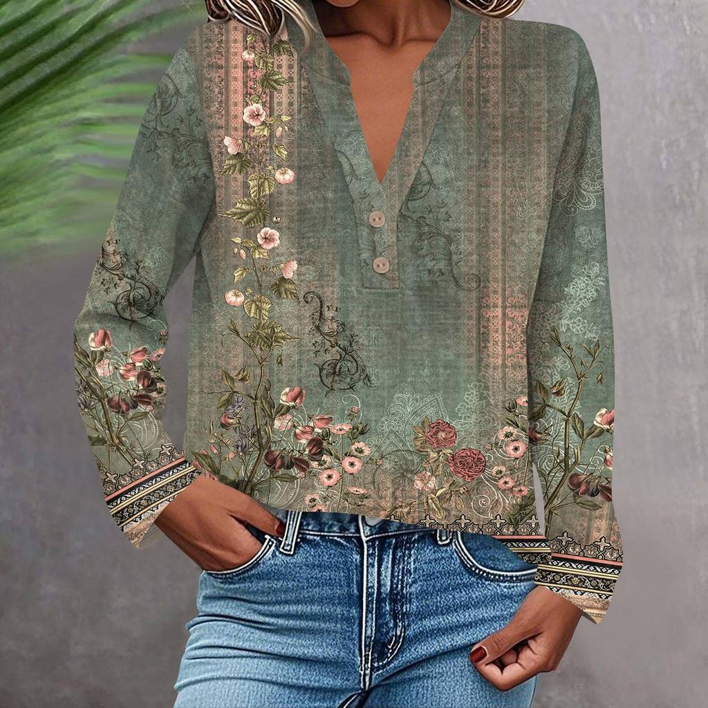Женская модная и повседневная рубашка с длинным рукавом, V-образным вырезом, на пуговицах, с принтом, блузка, топ