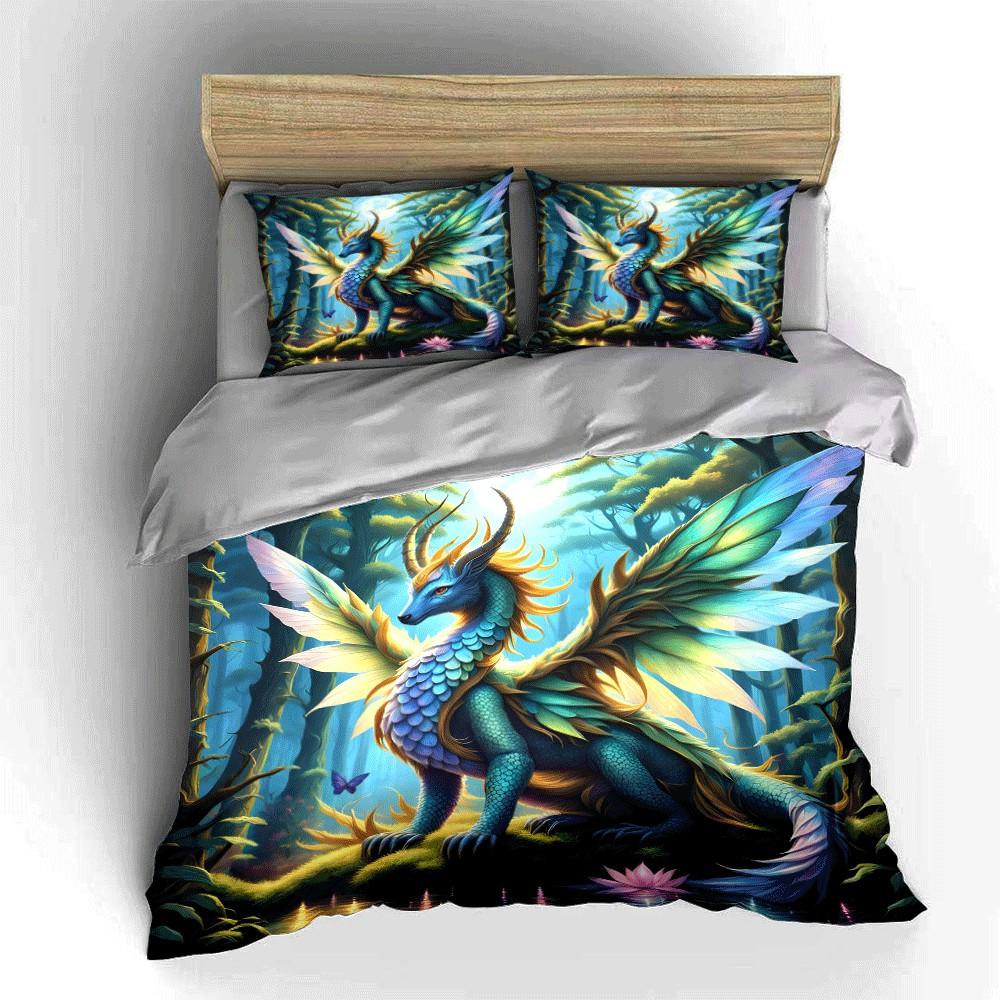 Величественный Лес Драконов Фэнтези Набор Изысканный Трехкомпонентный Комплект Постельного Белья Подарок Для Детей И Взрослых