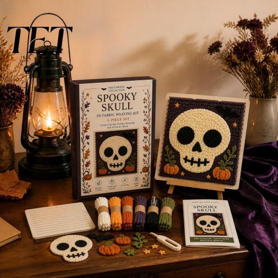 Punch Needle Embroidery Set Halloween Fabric Weaving Kit, Spooky Pumpkin Ghost Witch Skull DIY Creative Leisure Time Activity Craft Handmade No Sewing