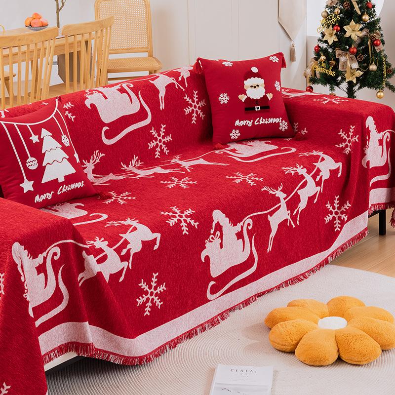 Рождественский красный чехол для дивана с кисточкой, диванное полотенце, можно стирать в машине, праздничная тема, чехол для дивана с красной решеткой для декора гостиной