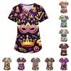 Plus Size Printed Scrub Working Uniform Tops For Women's Cross V Neck Carnival Print Short Sleeve Fun T-Shirts Workwear Tee With Pockets