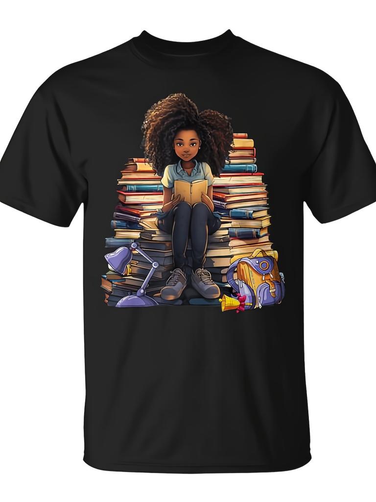 Afro Melanin Girl Reading Book Bookworm T-Shirt Unisex Casual Crew Neck Regular Fit Allseason Top Quality Comfortable Pure 220G Trendy Streetwear Fash