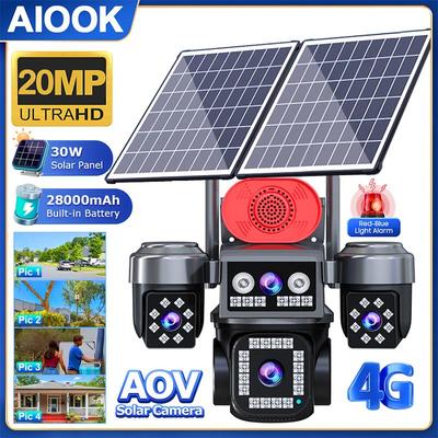 AIOOK 4G Солнечная камера 4 объектива 20 МП 30 Вт солнечные панели аккумулятор 28000 мАч цветное/ночное видение IP CCTV IP66 водонепроницаемая, AOV Солнечная камера