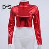 Women Club Top Glossy Faux Leather Half-high Collar Solid Color Waist-exposed Long Sleeve Skinny Pullover Elastic Nightclub Stage Show Party T-shirt