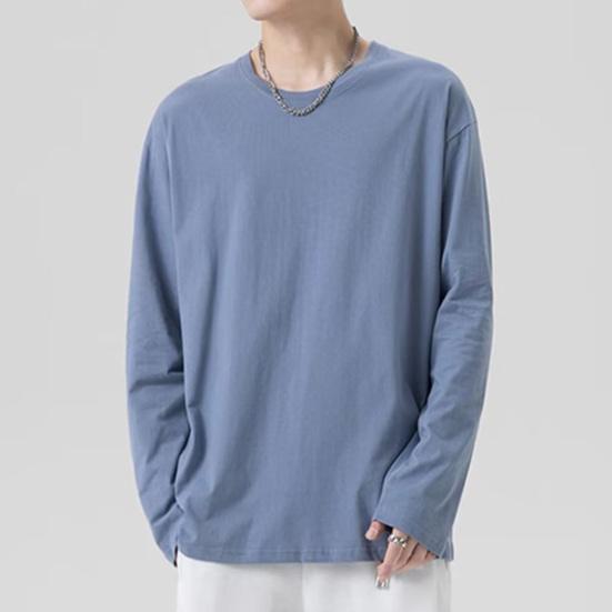 Men T-shirt Round Neck Long Sleeve Solid Color Pullover Tops Loose Fit Soft Breathable Tee Shirt Home Gym Street Wear