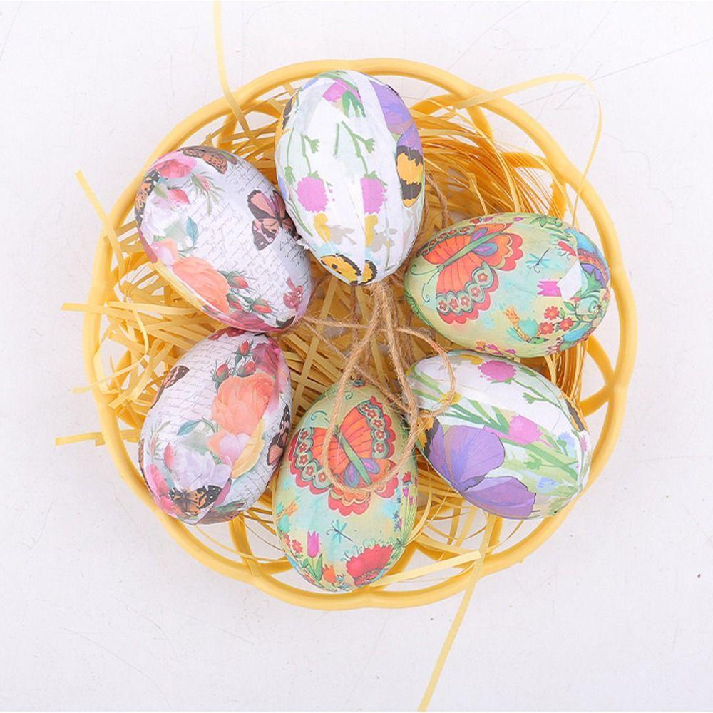 6pcs with Basket Painted Easter Eggs Pendant Colorful Simulation Egg Pendant Party Favors