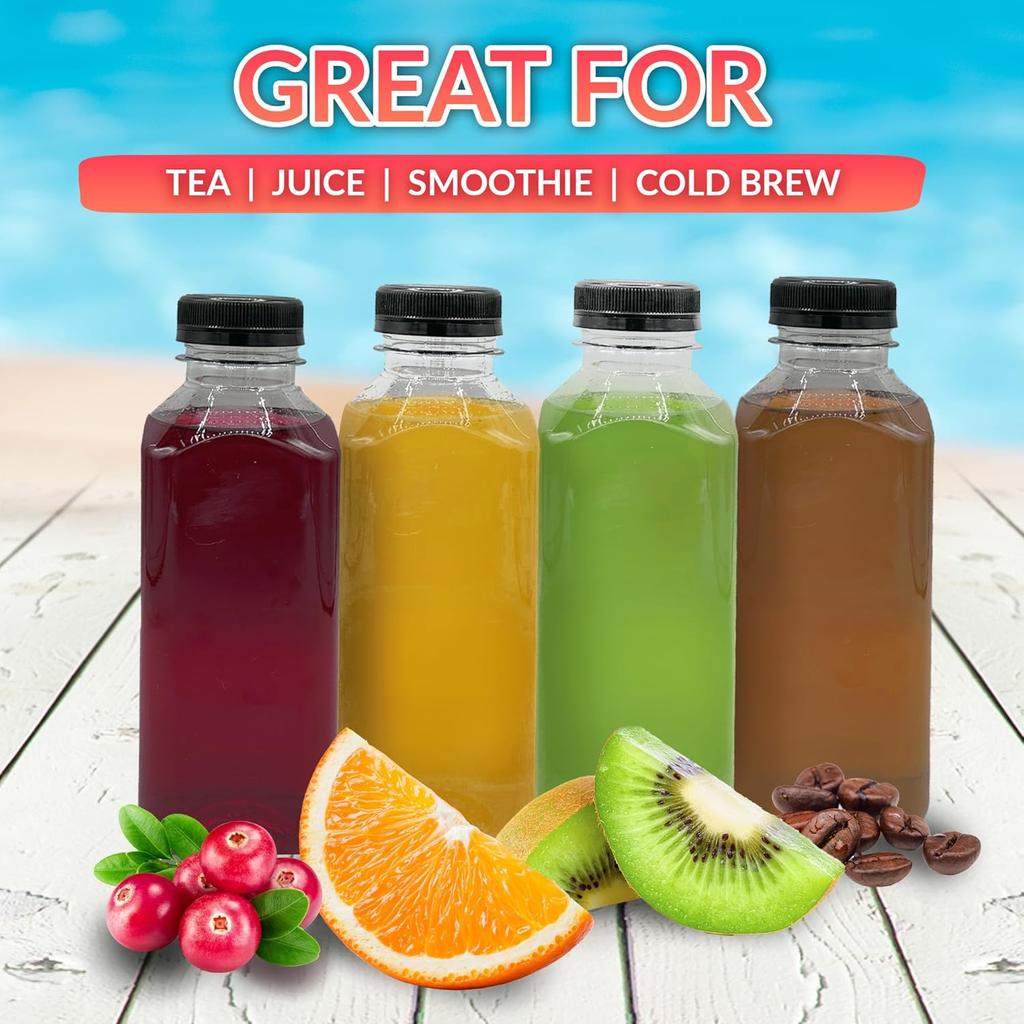 Reli. Plastic Juice Bottles [12 Pack] [16 oz] Square 16 oz Plastic Bottles with Caps & Sticker Labels | Clear, Empty for Drinks 16oz | Disposable,