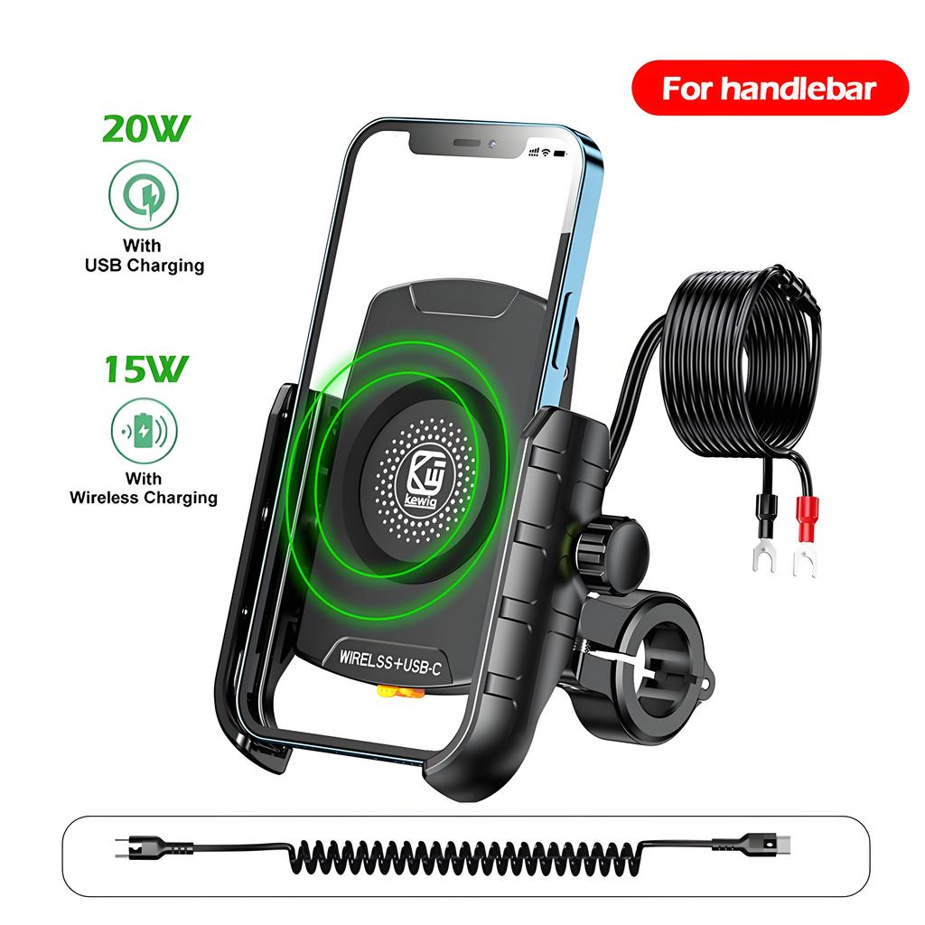 Motorcycle Phone Holder Mount With Qi 15W Wireless Charger & 20W USB-C Fast Charging Port with C To C Cable for 4-8" Phones