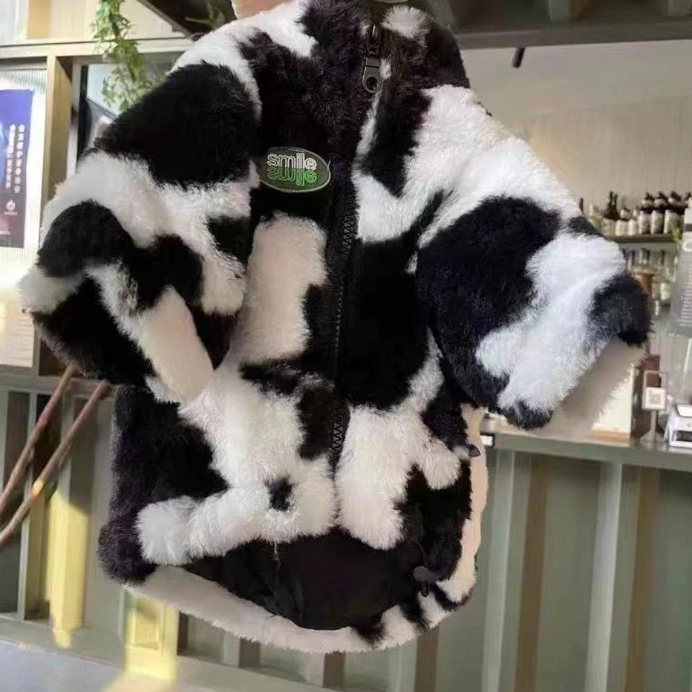 Cat Dog Clothes, Black and White Cow Coat, Fleece and Thicker Warm Cat Dog Autumn and Winter Trend Pet Coat