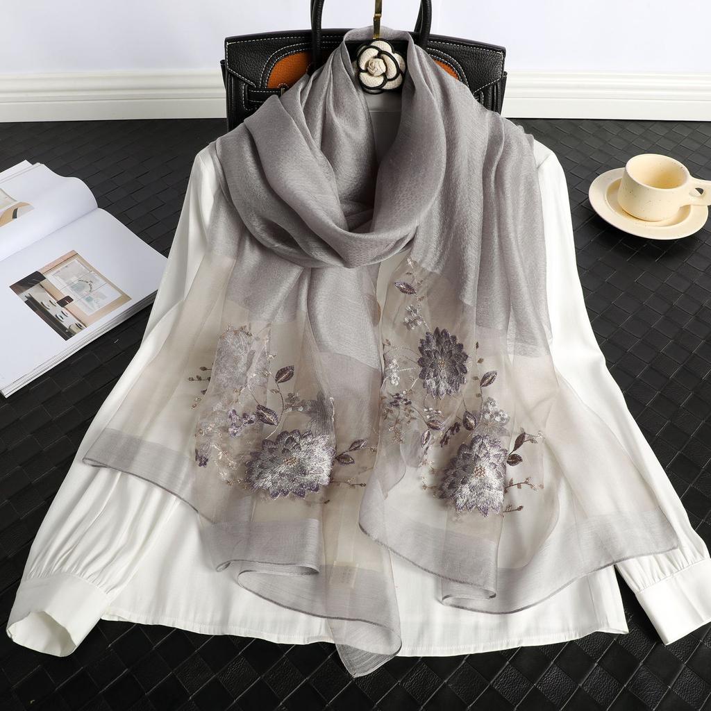New 2025 Silk Scarf for Women Embroidery Shawl Wraps Female Wool Floral Bufanda Beach Stoles Hijab Head Scarves Hijab Echarpe