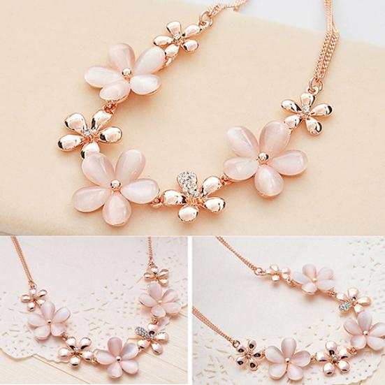 Women Chain Flower Opal Rhinestone Charm Pendant Necklace