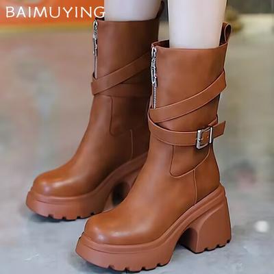 Женские сапоги на платформе до середины голени, модные туфли на высоком каблуке с застежкой-молнией 2025 года, трендовые туфли-лодочки с массивной пряжкой, кожаные зимние мотоциклетные ботинки Mujer