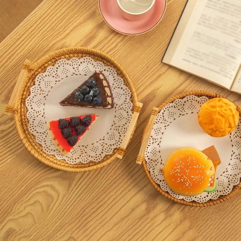 Хранение хлеба из ротанга, плетеный круглый поднос, закуски, фрукты, пикник, бинауральный поднос, украшение для стола в гостиной, органайзер для кухни