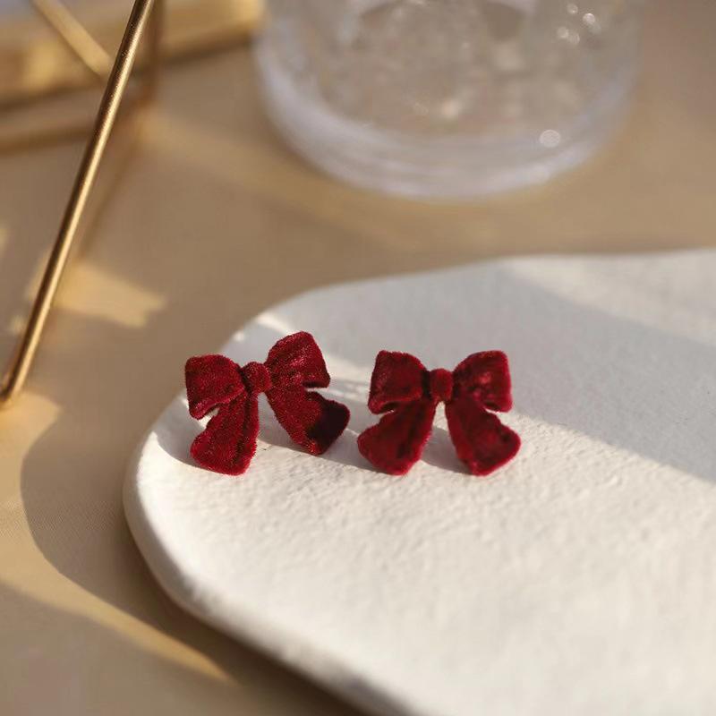 Серьги-бантики из красной флокированной ткани, темпераментные серьги с длинными бахромой в виде сладких цветов