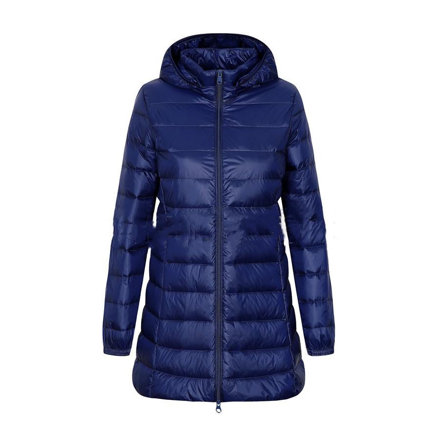 Women Fall Winter Stand Collar Hooded Solid Color Zipper Long White Duck Down Jacket S-7XL