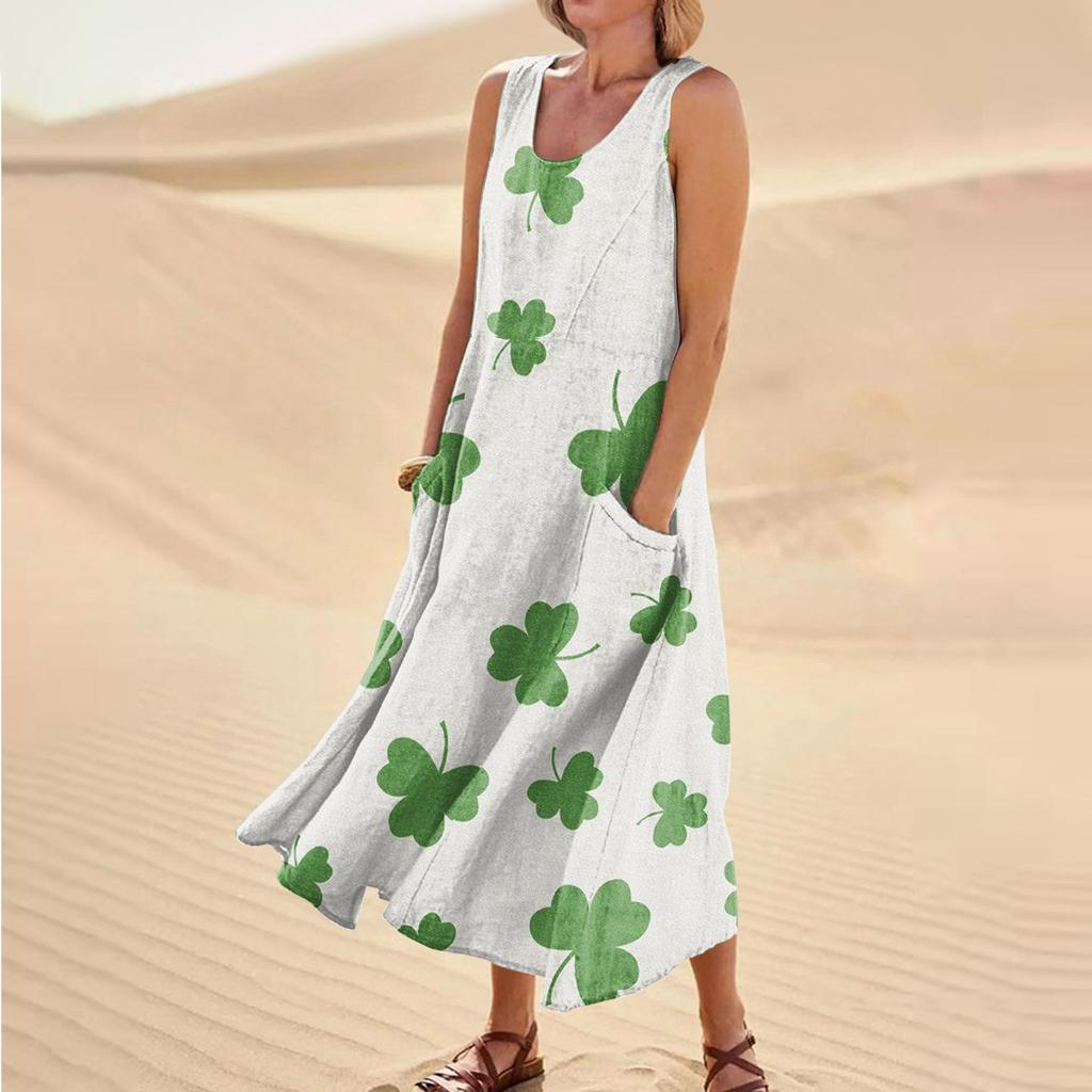 Women's Casual Comfort St. Patrick's Day Printed Sleeveless Pocket Dress