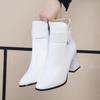White Black Thick High Heel Ankle Boots Women 2024 Pointed Toe Keep Warm Elegant Short Booties Ladies Ankle Buckle Decoration