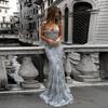 Premium Long Sequin Mesh Fitted Train Evening Dress Sexy Backless Party Gown