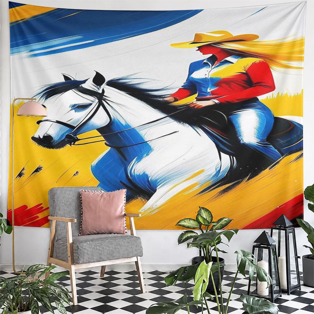 "Colorful Cowgirl Riding White Horse" Pattern Wall Hanging Tapestry Decorative Tapestry Home Decor for Bedroom and Living Room