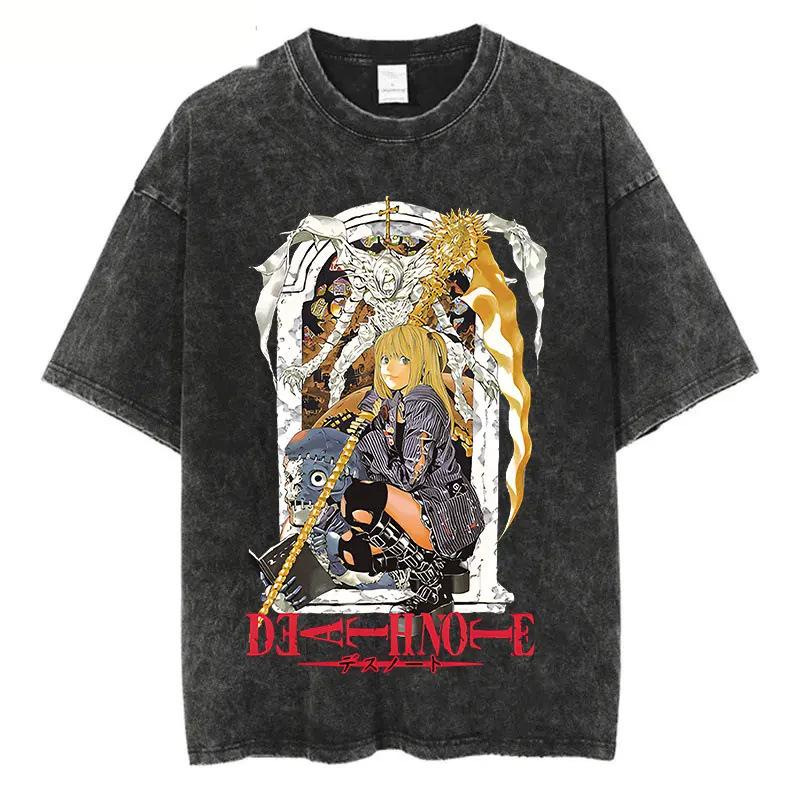 Classic Anime Death Note Graphic Washed Oversized Tshirts Women Men Heavyweight Cotton Streetwear Short Sleeved Female Male Tee
