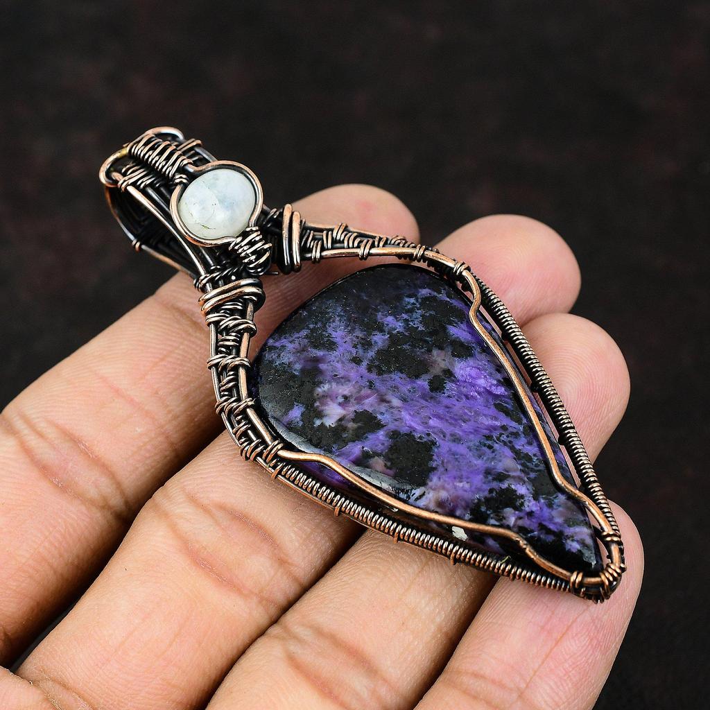 Подвеска из медной проволоки с чароитом, оригинальные ювелирные изделия из драгоценных камней, подвеска из проволочной обмотки ручной работы, ювелирное изделие из лунного камня, подарок для мамы, ювелирные изделия с чароитом