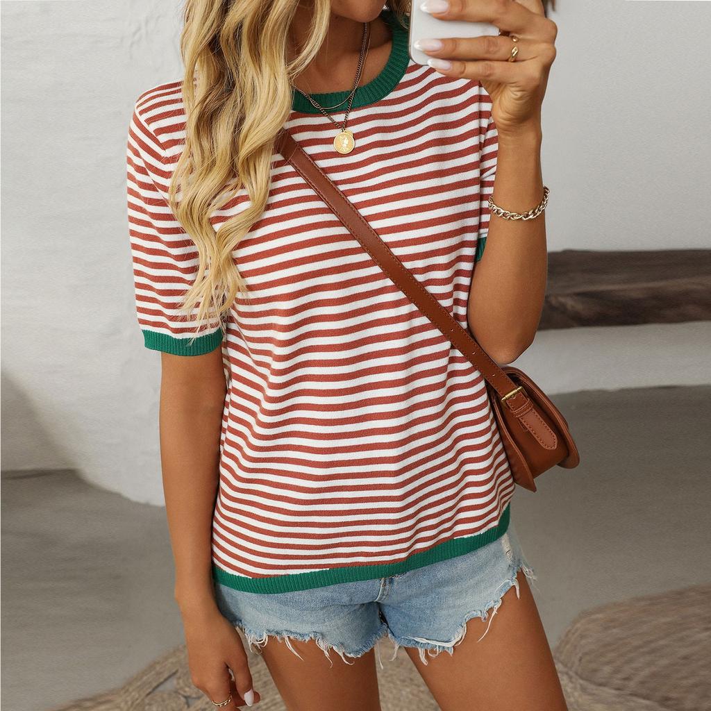 Женская модная свободная футболка с круглым вырезом в полоску с коротким рукавом и цветным узором