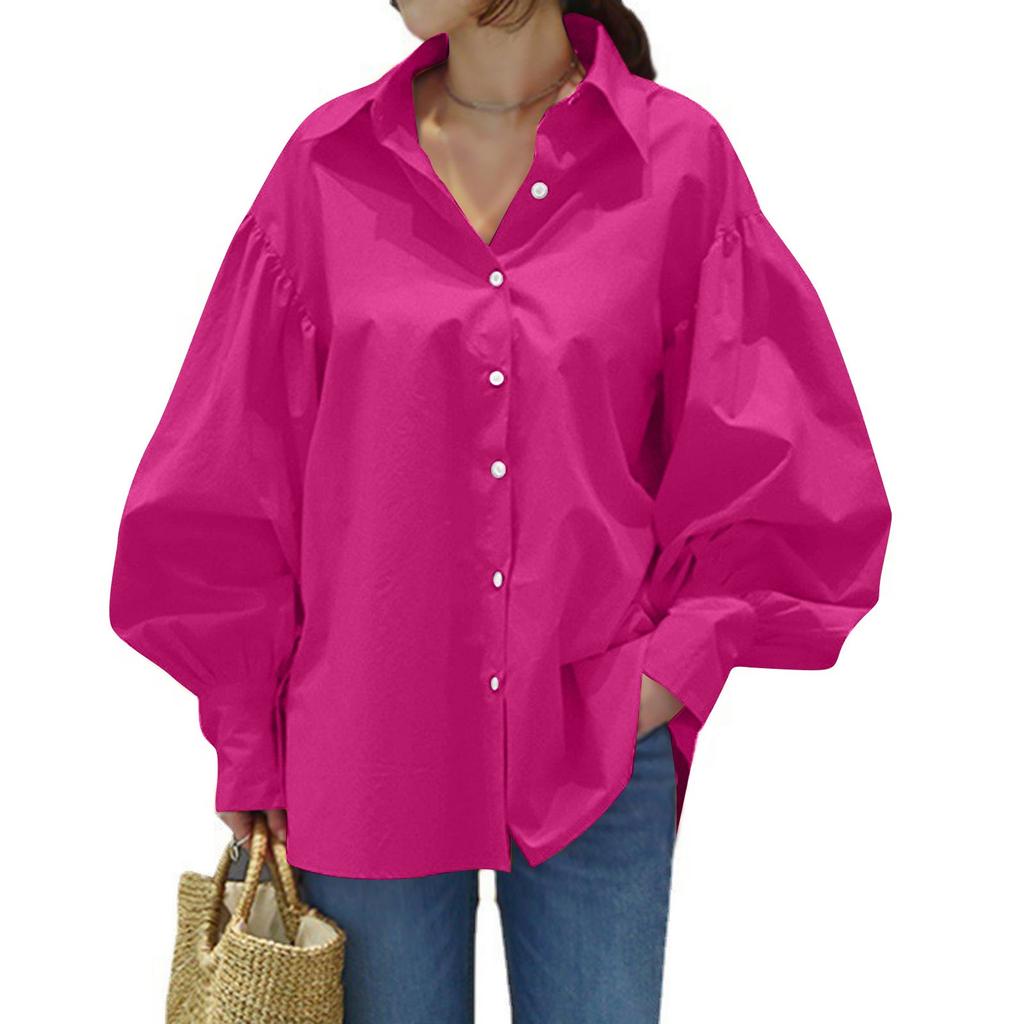 Женская повседневная однотонная блузка на пуговицах с длинными рукавами и лацканами