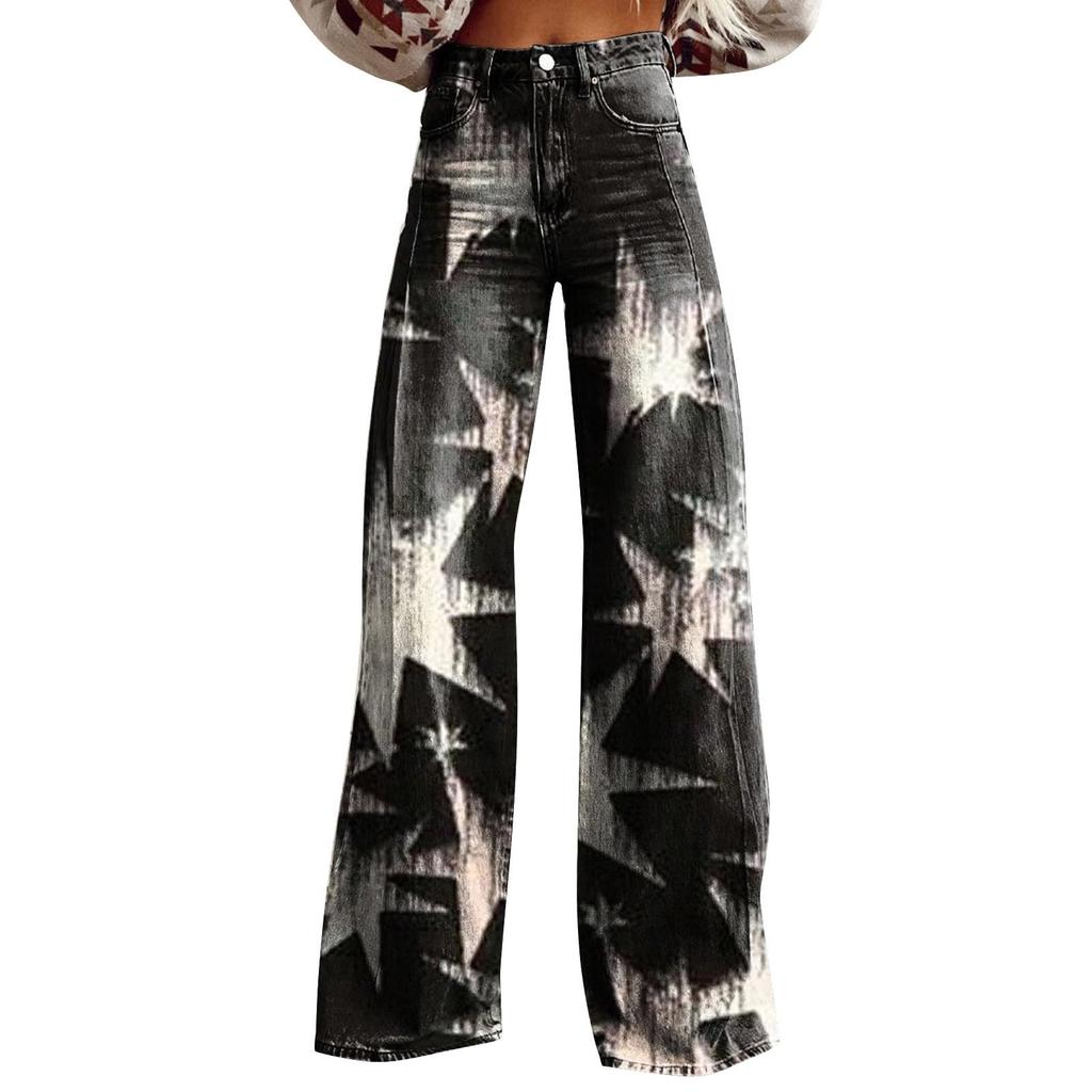 Широкие расклешенные джинсы для женщин с карманами, мешковатые брюки с винтажным цветочным принтом и высокой талией, свободные брюки
