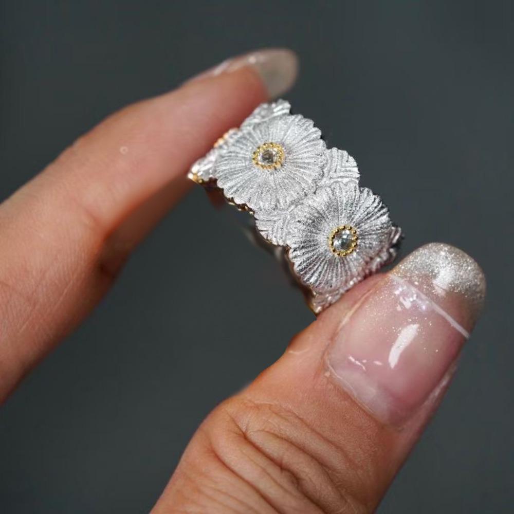 Open Ring Dual Gold Daisy Flower Wide Band with Diamond Embellishments for Women
