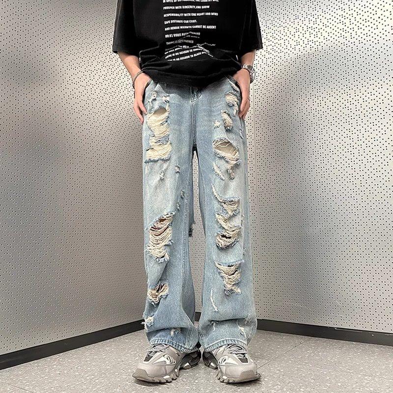 Мужские винтажные прямые джинсы Y2K в американском стиле, свободные рваные джинсы с высокой талией, уличные брюки в стиле хип-хоп