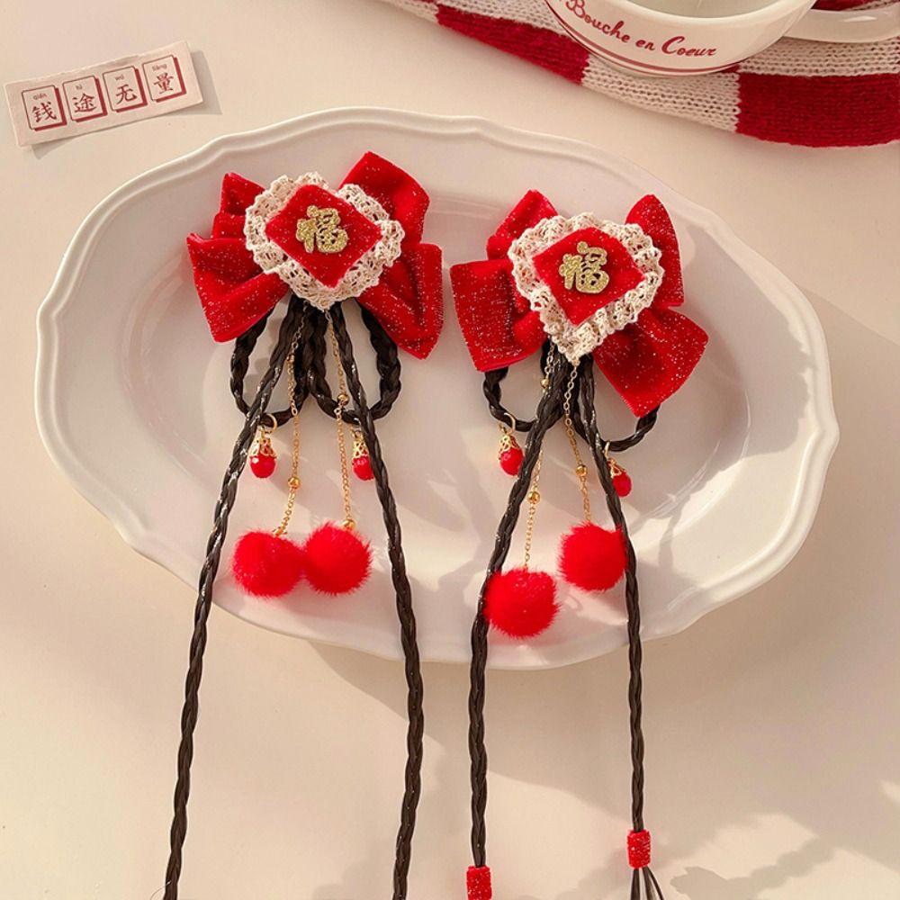 2pcs Hanfu Headdress Children Red Hairclip Flower Tassel Bow Wig Braid Hairpin New Year Headwear