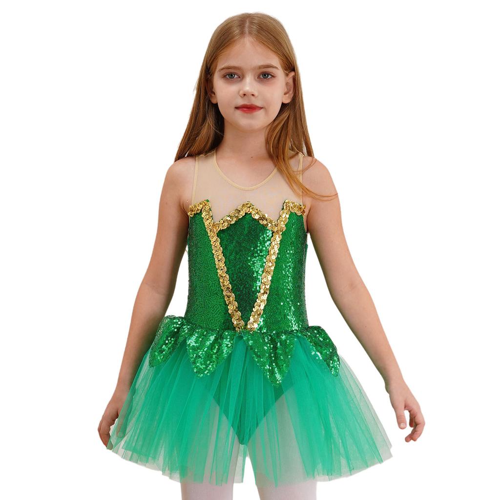Girls Halloween Elf Cosplay Costume Sleeveless Keyhole Back Shiny Sequins Mesh Tutu Dress Bodysuit Jumpsuit