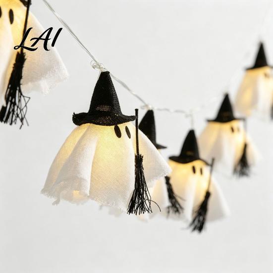 Cute Spooky Home Decor Halloween Ghost String Light Hanging Fabric with Wizard Hat Battery Operated Ghosts Glowing Fairy Lights for Fireplace Party