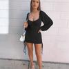 Long Sleeve Bodycon Dress Women Low Neck Rib Sexy Slim Fit Drawstring Pleated Wrapped Hip Mini Dress