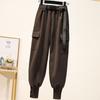 Женские повседневные брюки большого размера, теплые брюки с карманами и эластичной резинкой на талии, шикарные простые шаровары в корейском стиле