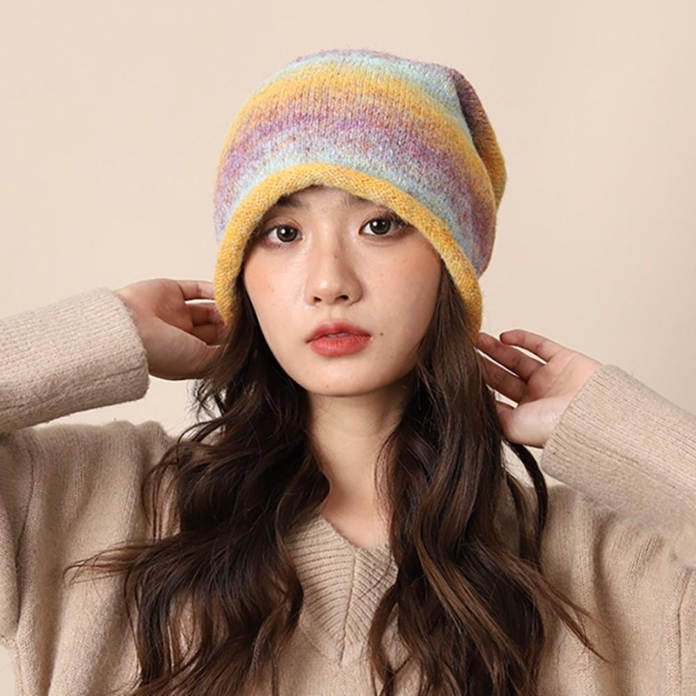 Gradient Color Beanies Skullies Knitted Drawstring Slouch Hat Fashion Bonnet Hat