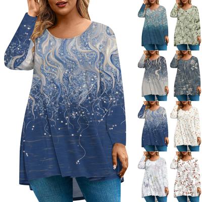 Женская мода большого размера с круглым вырезом и длинным рукавом, повседневный свободный пуловер с принтом