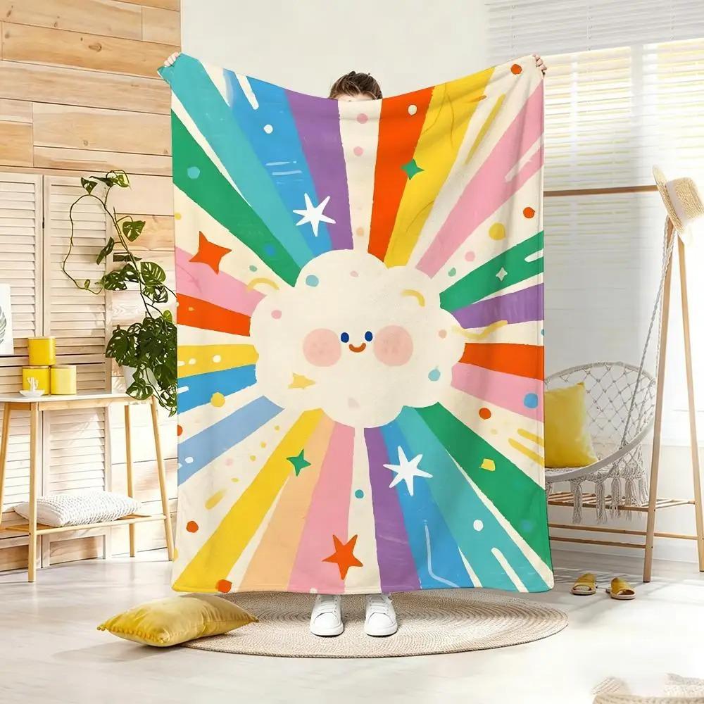 Rainbow Aesthetic Colorful Doodle Throw Lightweight Flannel Blanket Soft Skin-friendly for Summer Cooling