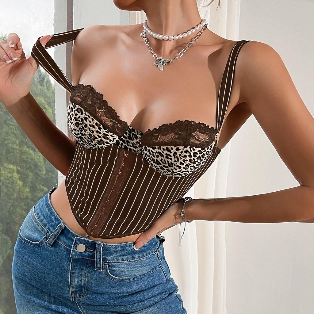 Women's Spice Girls Low Cut Sexy Leopard Lace Backless Camisole Striped Steel Ring Tank Top