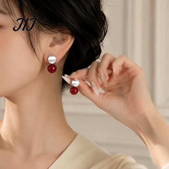 Lightweight Drop Earrings 1 Pair Red Bead Round Stud Earrings, Minimalist Light Luxury Trendy Copper for Women, Polished Silver Disc Jewelry