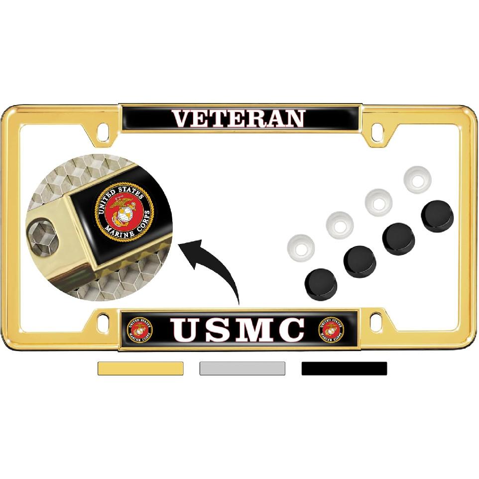 [Officially Licensed US Marine Corps Product] - USMC Veteran - Domed -Made Personalized Narrow (Thin) Top 4 Hole Metal Car License Plate Frame with