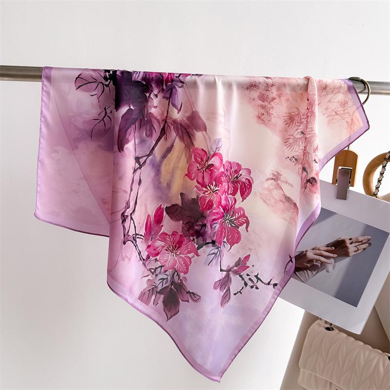 Luxury Flower Design Scarf Women Satin Scarves Bandana Hijab Neckerchief Shawl Kerchief Hair Band Foulard Lady
