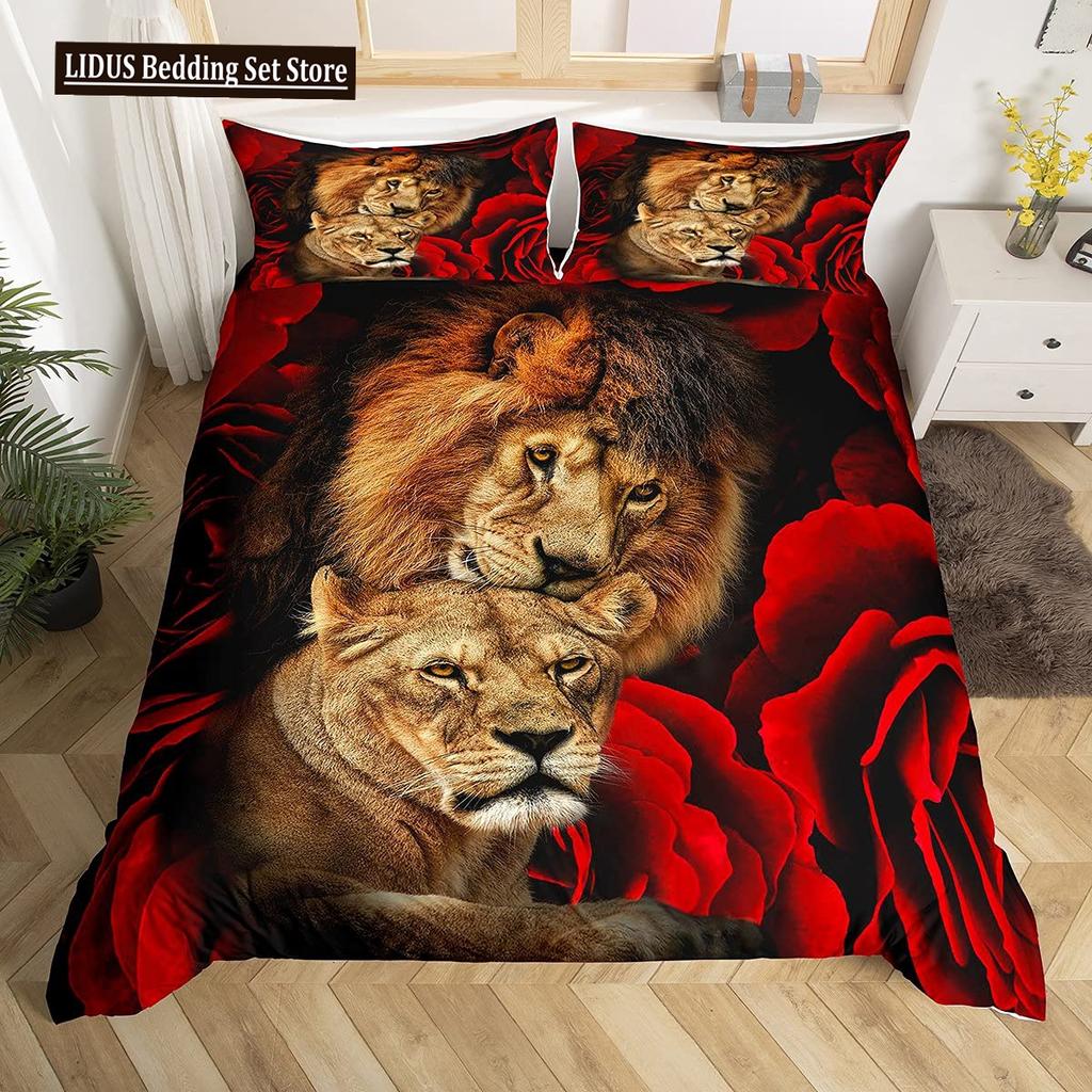 Пододеяльник Lion Rose Комплекты Кинг-сайз Анималистичный Цветочный Принт Полиэстер Чехол для Одеяла Тема Природы Комплект Постельного Белья Для Детей Взрослых Подростков