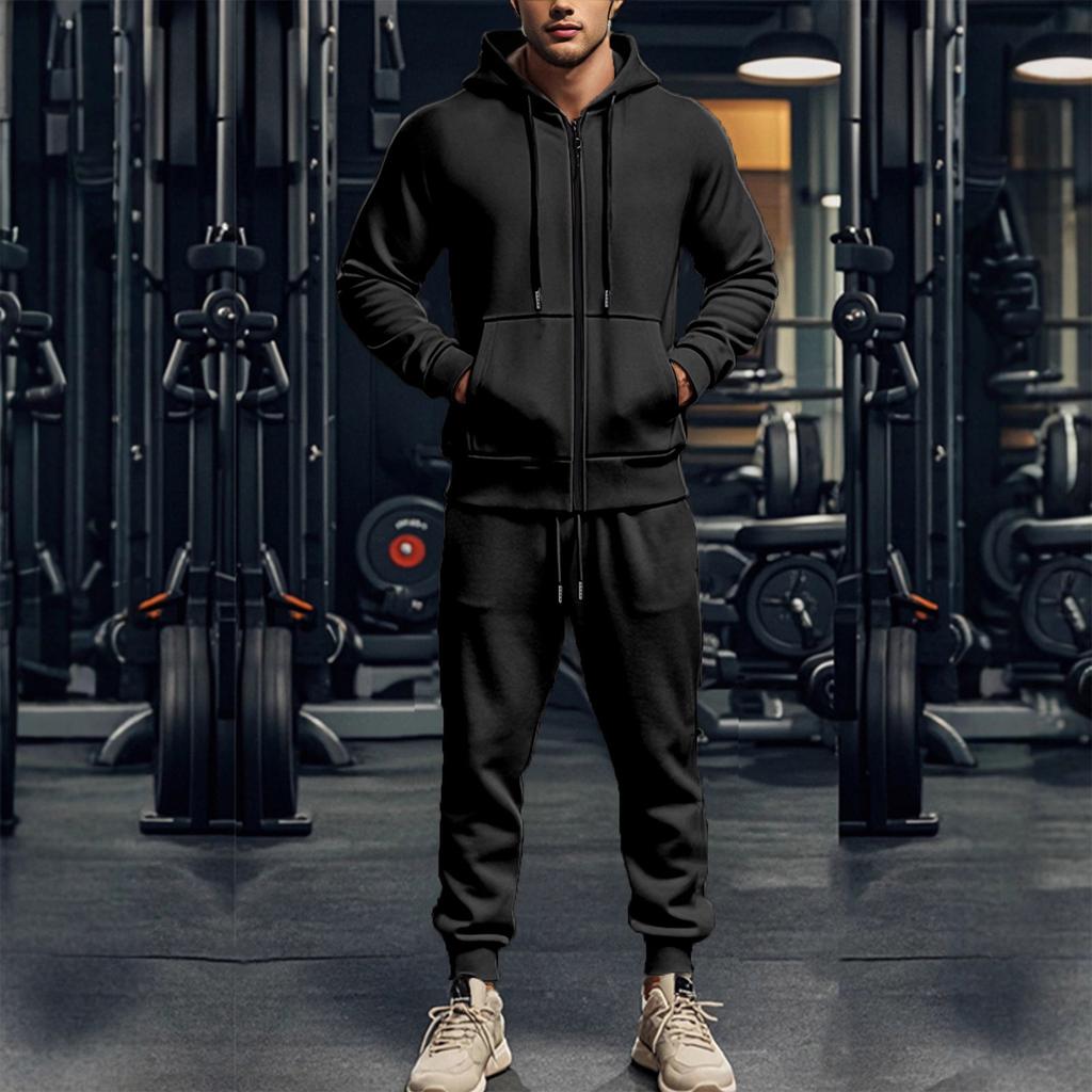 Мужской однотонный спортивный костюм с капюшоном и длинными рукавами, флисовый теплый костюм-двойка